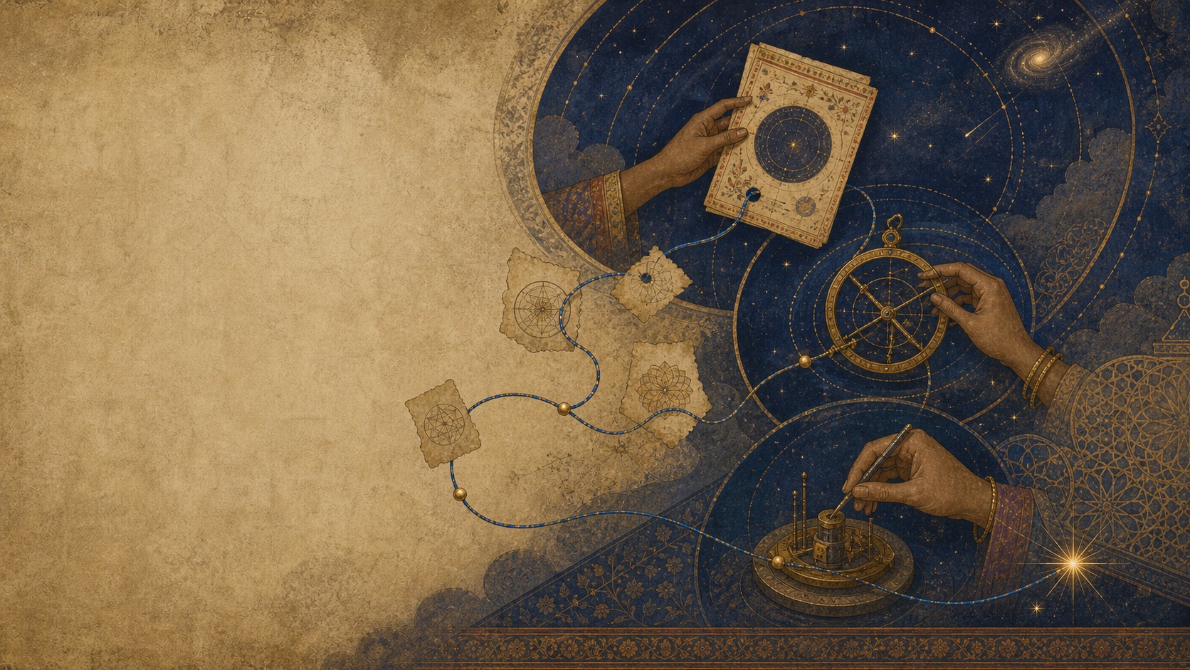 Celestial rings of gold and cobalt linking a manuscript, an instrument, and practiced craft