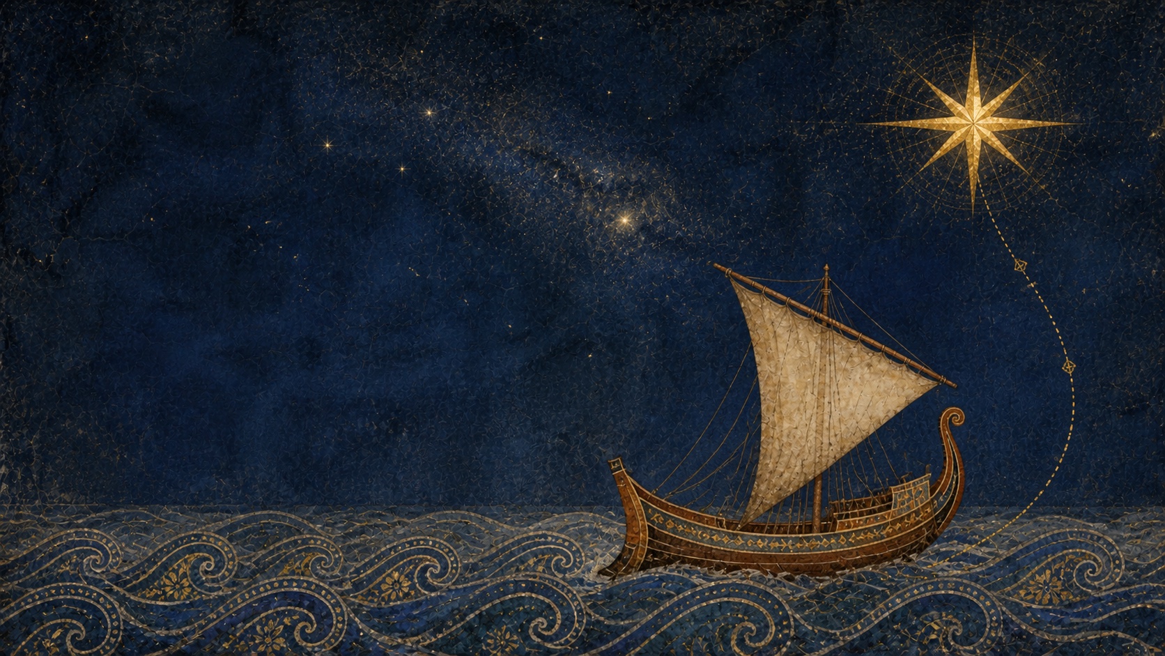 An old-world Indian Ocean vessel crossing patterned cobalt waves beneath a clear golden northern star